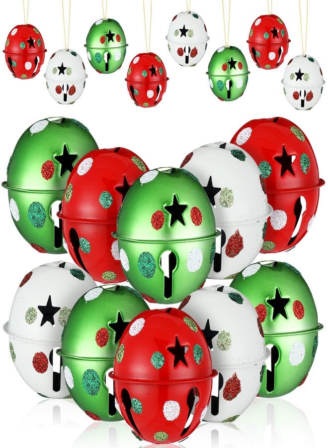 Simgoing 12 Pcs Large Christmas Jingle Bells with Ribbon 2.4 Inch Metal Cutout Craft Bells Lime Green Glitter Dot Red Green Christmas Tree Ornaments Xmas Hanging Decor for Holiday Wreath Garland DIY Decor - Image 1